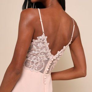 Lulu's Romantic Ways Blush Pink Lace Button Back Maxi Dress